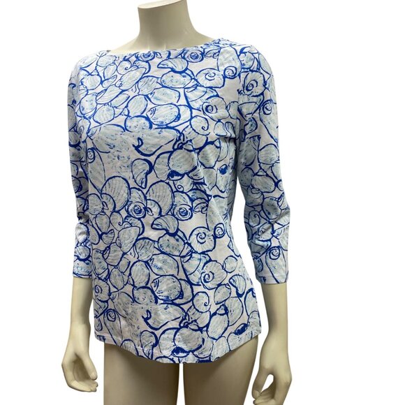 Talbots Womens 3/4 Sleeve Blue & White Seashell Print Top Cotton Blend Md - Picture 2 of 6